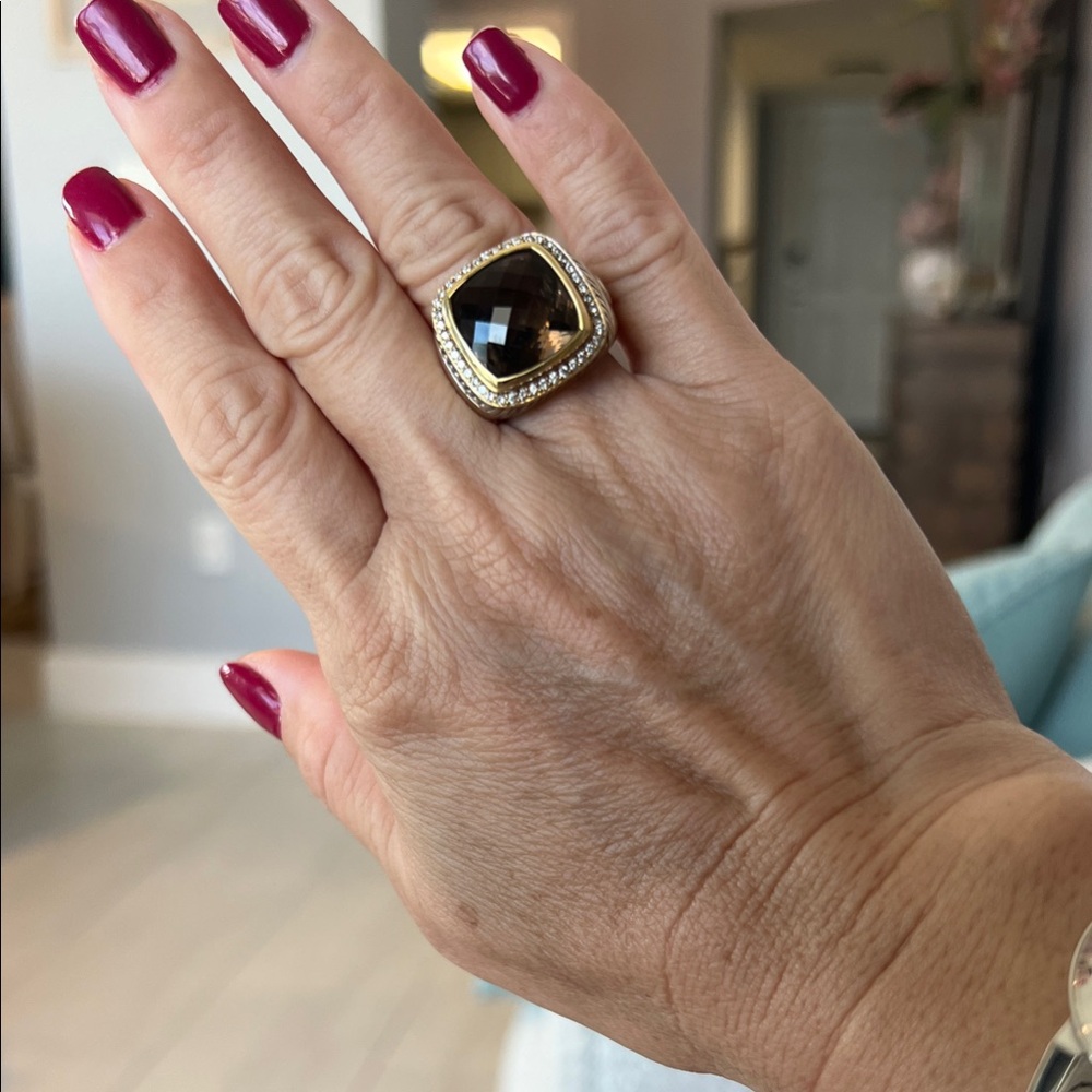 David Yurman Authentic Albion 18k Gold Ring Smoky Quartz with diamonds .